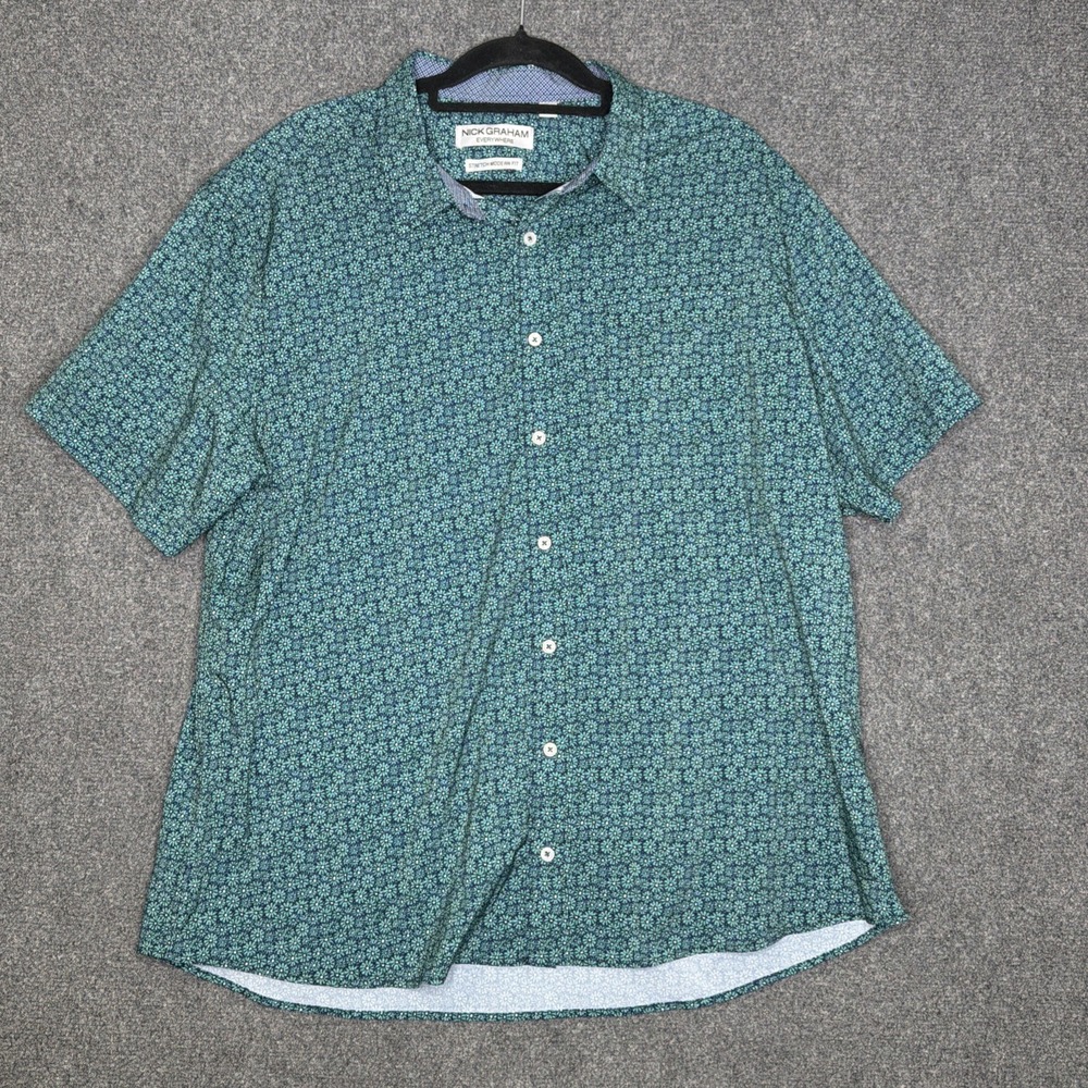 Nick Graham Everywhere Men's 2XL Teal Floral Button Up Shirt Stretch Modern Fit
